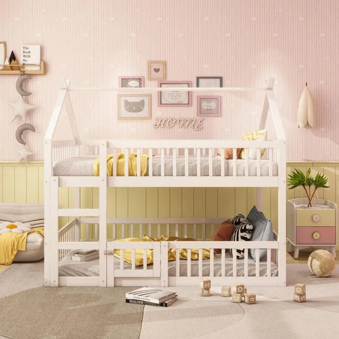 Lit superposé enfant 140x200cm - avec escalier - design loft - bois massif - blanc-0
