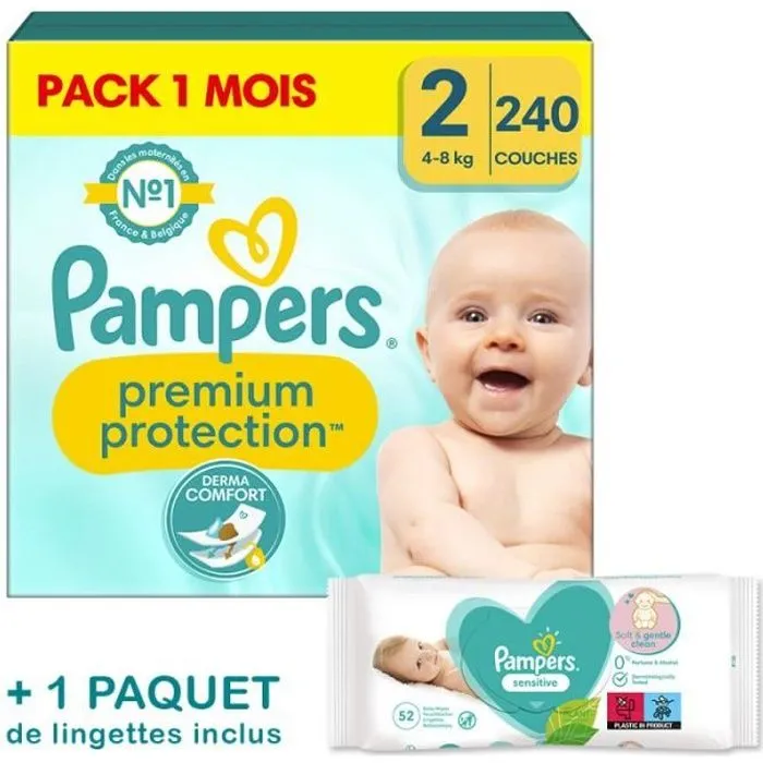 Couches Pampers Premium Protection Taille 2 - Pack 1 mois 240 Couches-0