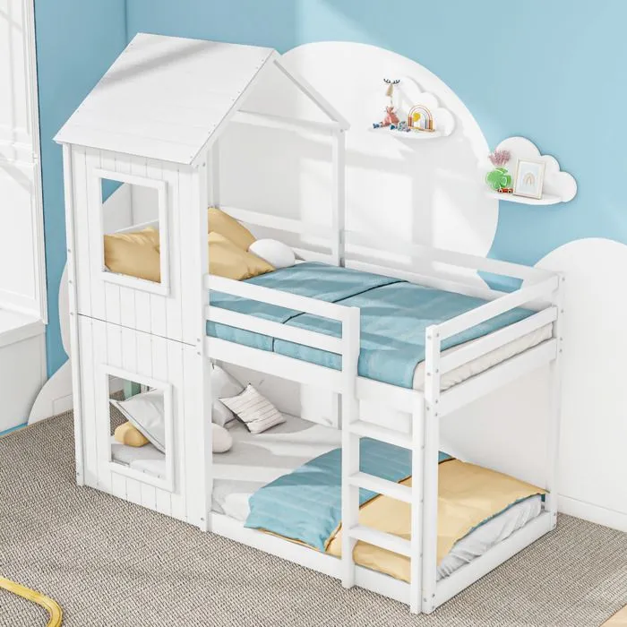 Lit superposé - MARQUE - 90x200 cm - Bois massif - Blanc - 2 places-1