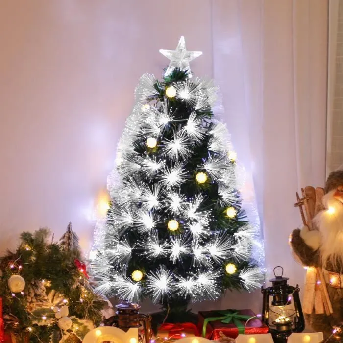 HOMCOM Sapin de Noël Artificiel Lumineux 90H cm Fibre Optique LED + 14 Ampoules + Support Pied 90 Branches-1