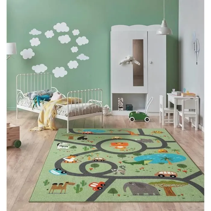 the carpet Happy Life - Tapis de jeu pour chambre d'enfant avec des rues et des animaux de la jungle mignons, vert, 240 x 340 cm-1