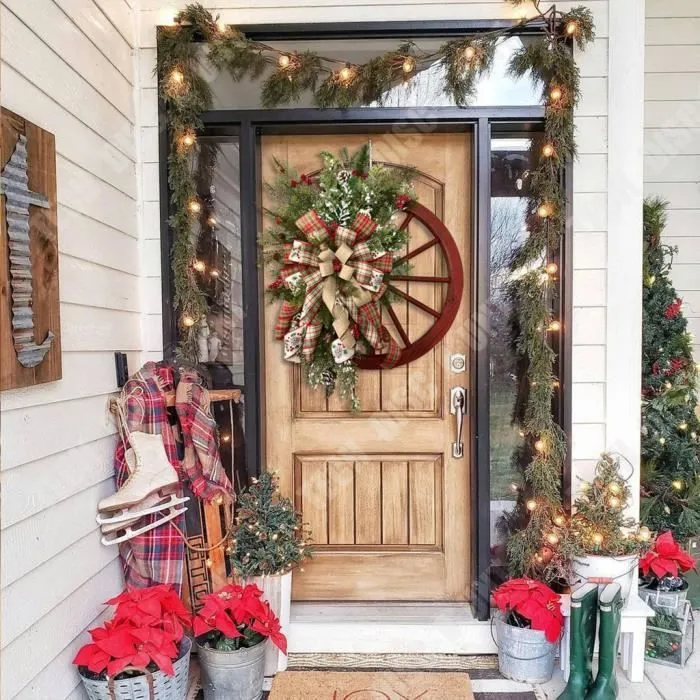 TD® Décoration de noël porte suspendue guirlande de roues en bois guirlande de pomme de pin de noël porte créative suspendue-3