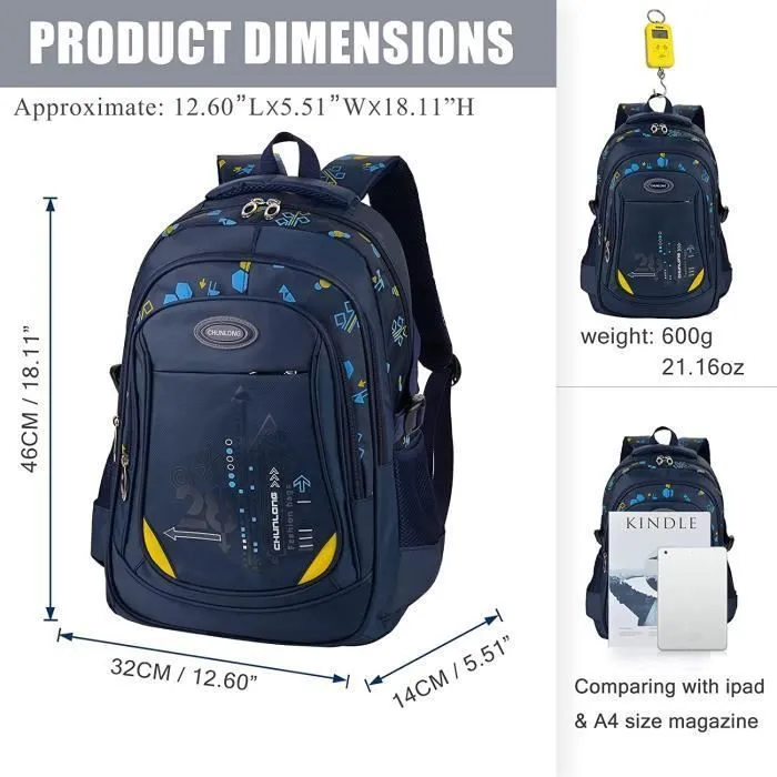 Cartable Garcon Sac A Dos College Garcon Sac Ecole Garcon En Nylon Cartable Enfant Primaire (Bleu Foncé)-1