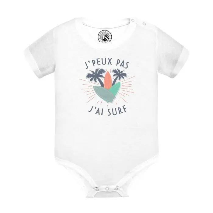 Body Bébé Manche Courte Blanc J'Peux Pas J'ai Surf Mer Sport Planche Vague-0