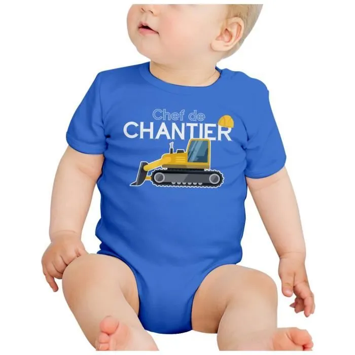 Body Bébé Manche Courte Bleu Chef de Chantier Enfant Travail Construction-1