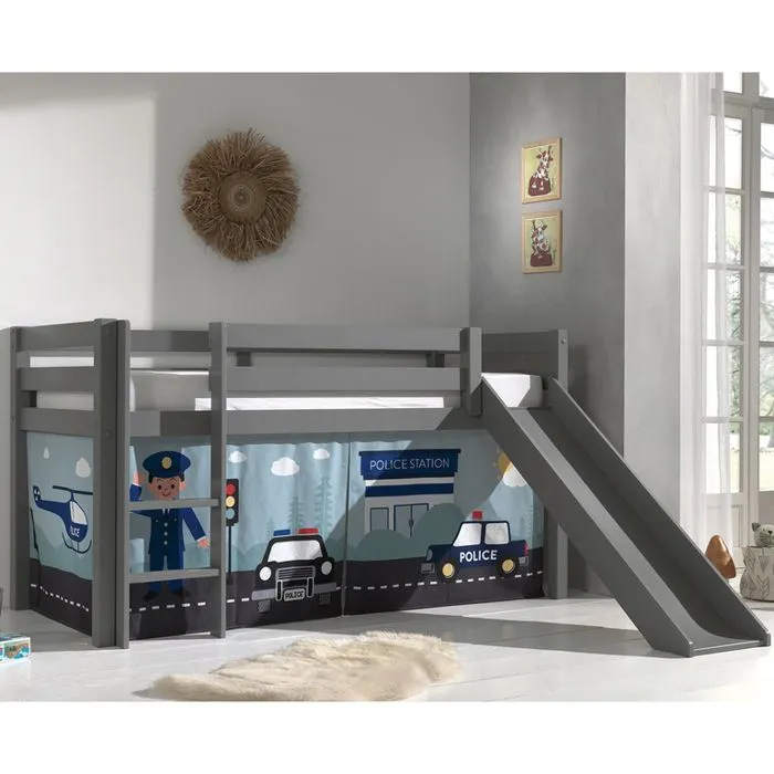 Lit mezzanine avec toboggan pin massif Gris - Vipack - PINO - Enfant - 90x200 cm - Laque UV-0