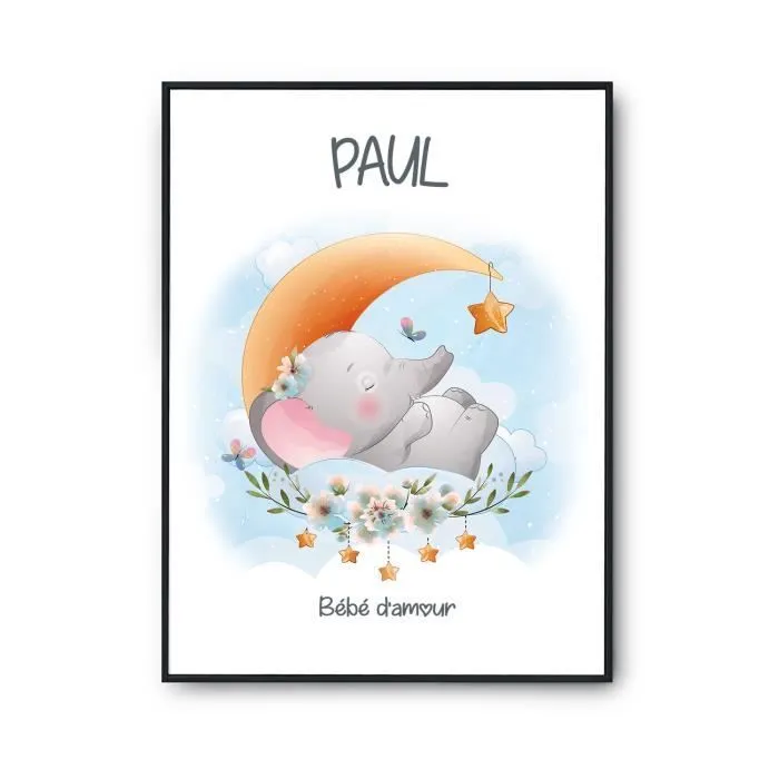 Affiche - Paul bébé d'amour éléphant - A2 (42 x 59.3 cm) - Rose - Chambre - Décoration murale-0