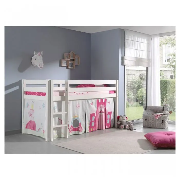 Lit mi-hauteur Charlotte en pin massif avec tente de lit Princess II - Vipack-1