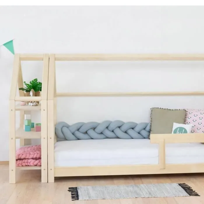 Lit cabane en bois TERY avec étagère 120 x 200 naturel et blanc - GENERIQUE - Enfant - A lattes - Bois massif-3