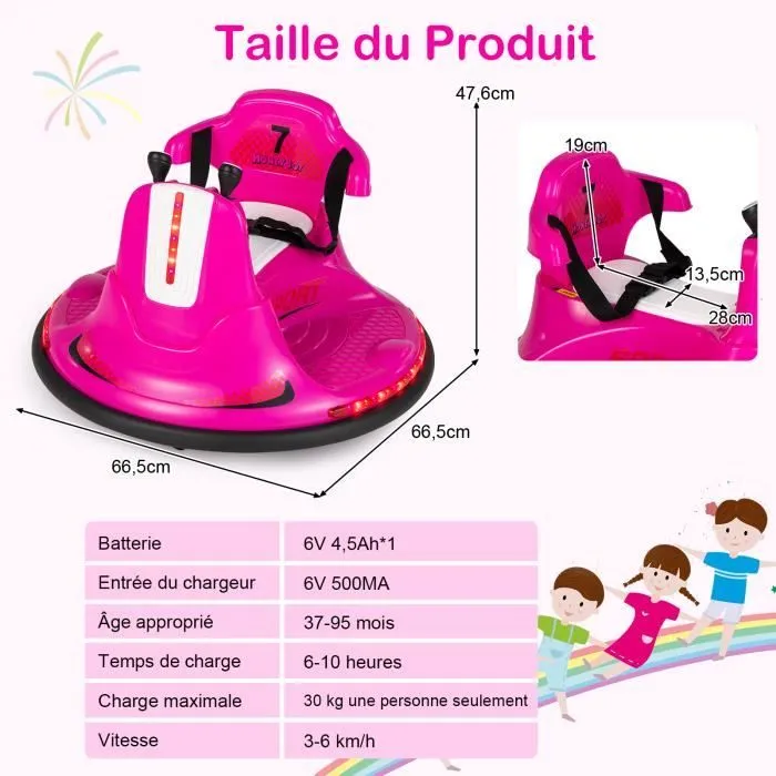 COSTWAY Auto Tamponneuse Electrique 360° 6V pour Enfants - Télécommande 2.4G - Contours Anti-Chocs, 2 Moteur 3-8 Ans Rose-3