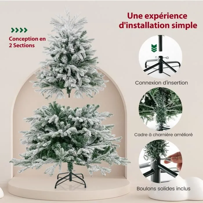 Sapin de Noël Artificiel LED 135 cm COSTWAY-200 Lumières Blanches Chaudes Pré-illuminé-688 Branches avec Neige Blanche en PE PVC-2