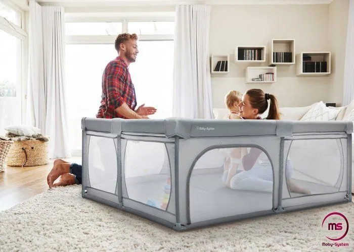 Moby-System Parc Bébé Pliable 200 x 180 X 68 gris avec base antidérapante, stable, protection imperméable à l'eau, sac de transport-1