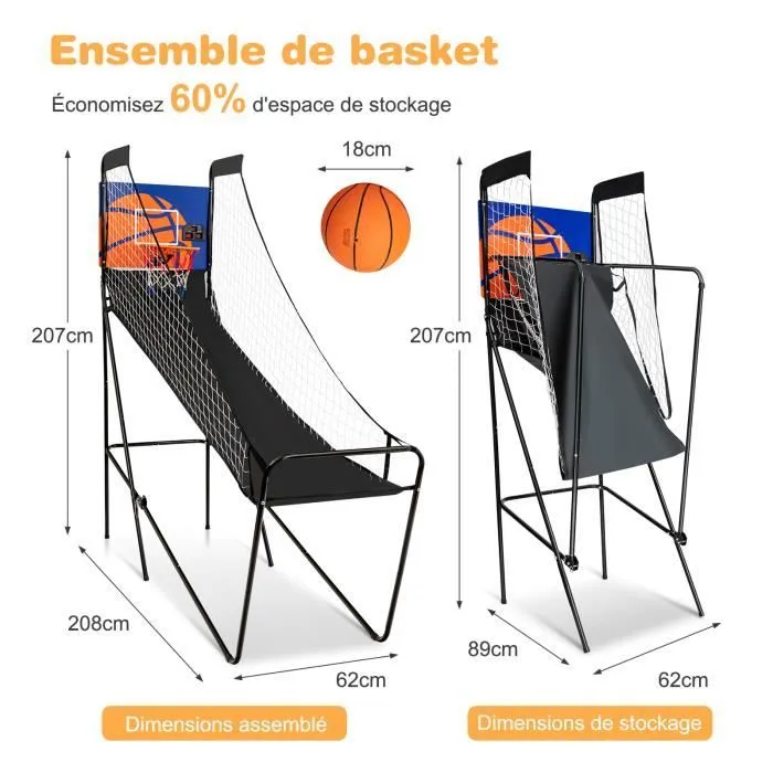 COSTWAY Jeu de Basketball Arcade Enfants Pliable avec Marqueur Electronique, Buzzer, 3 Ballons Pompe Diamètre du Panier 32 cm 8 Ans+-3