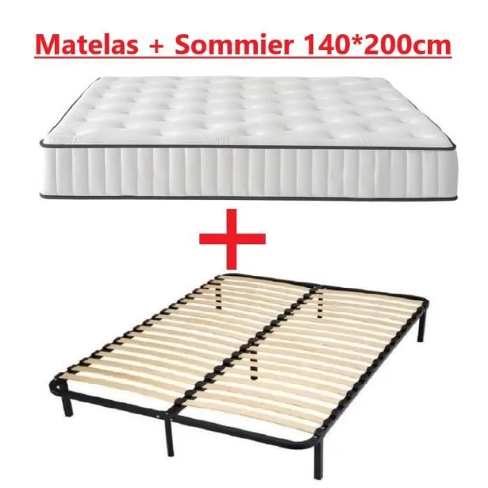 Pack Matelas + Sommier - MARQUE - 140x200cm - A lattes - 2 places - 1 sommier monobloc-0