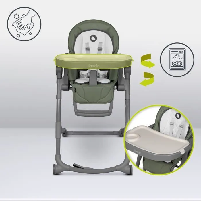 LIONELO Cora Plus - Chaise haute avec fonction transat - 2en1 - Pliable - Mobilité garantie grâce à 4 roulettes - 0–36 mois - Olive-3