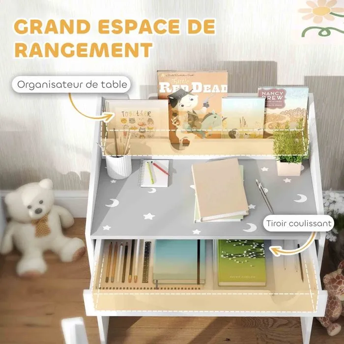 Ensemble Bureau et chaise pour enfants - AIYAPLAY - rangement - tiroir coulissant - 3-6 ans - motif étoilé - Gris-5