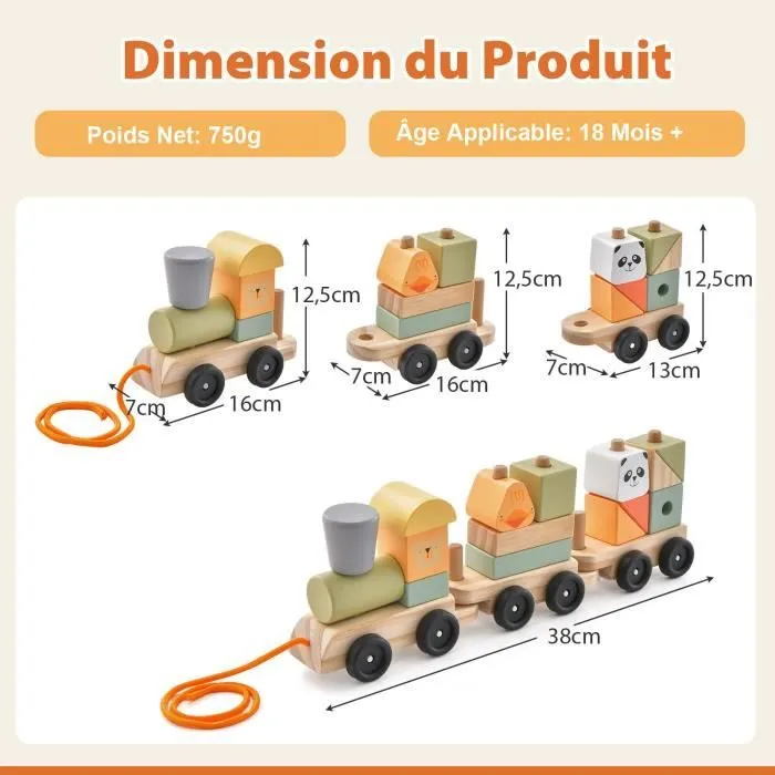 COSTWAY Train à Tirer en Bois - 15 Pièces -3 Wagons, Locomotive Rétractable - Jouet d'Eveil en Bois Massif Sûr-3