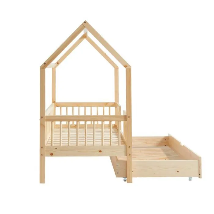 Lit cabane avec barrière et tiroir Safari Beige 70x140 - Laïba Kids-4