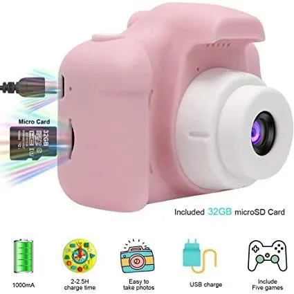 Appareil Photo pour Enfants GlobalCrown - Caméra Numérique Rechargeable Antichoc - Vidéo HD 1080p - Rose-3