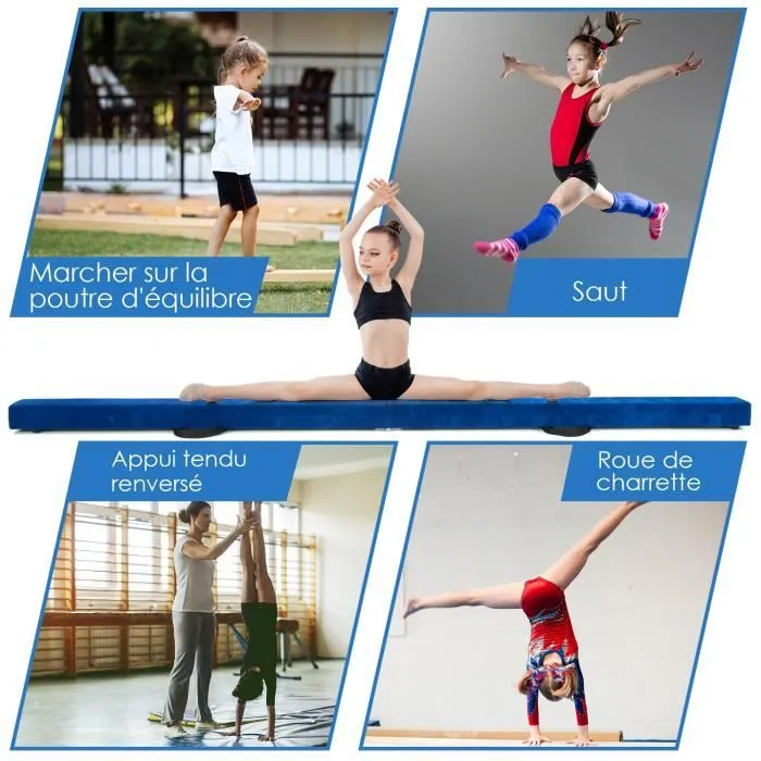 COSTWAY Poutre de Gymnastique Pliable 210cm pour Enfants avec Poignées de Transport 4 Patins Antidérapants Couverture en Daim Bleu-2