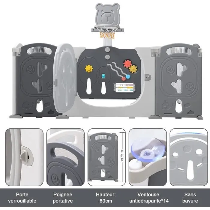 Parc Bébé 8+2 Panneaux 113×113cm, Parc bebe modulable plastique, Parc Bebe avec Porte et Panneau d'activité, Parc pour enfants L-2