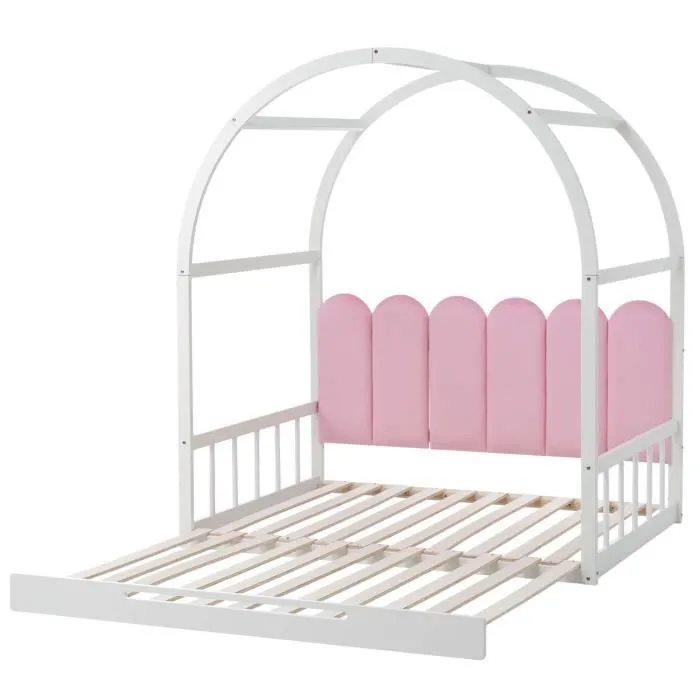 Lit enfant 140x100(200)cm, lit gigogne avec sommier à lattes, cadre en pin, tissu en velours, blanc + rose-2