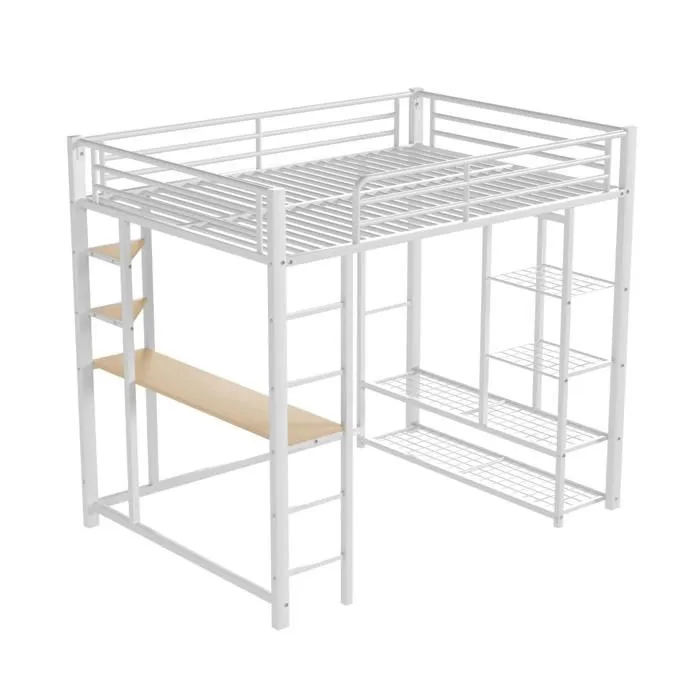 Lit mezzanine - Métal - 140x200 cm - Blanc - Avec table et étagères - 1 place-2