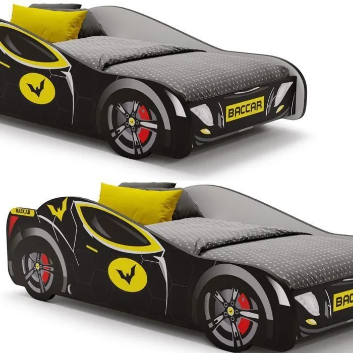 Lit Complet Enfant Lit voiture de course pour enfants - BATCAR - 80 x 160 cm - Noir - Avec Sommier et Matelas-3