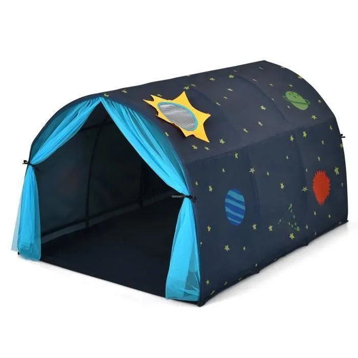 Tente de Jeu Enfants COSTWAY-Tente Tunnel Active-Fenêtre-Rideau à Double Filet-Poche de Stockage-Sac de Transport-144x102x82 CM-Bleu-0