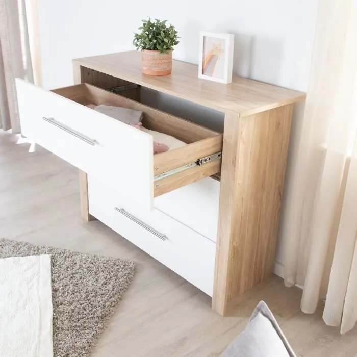 Commode à Langer ROBA - Malo - 3 Tiroirs à Fermeture Douce - Meuble à Langer avec Plan Amovible - Blanc - Chêne Clair-2