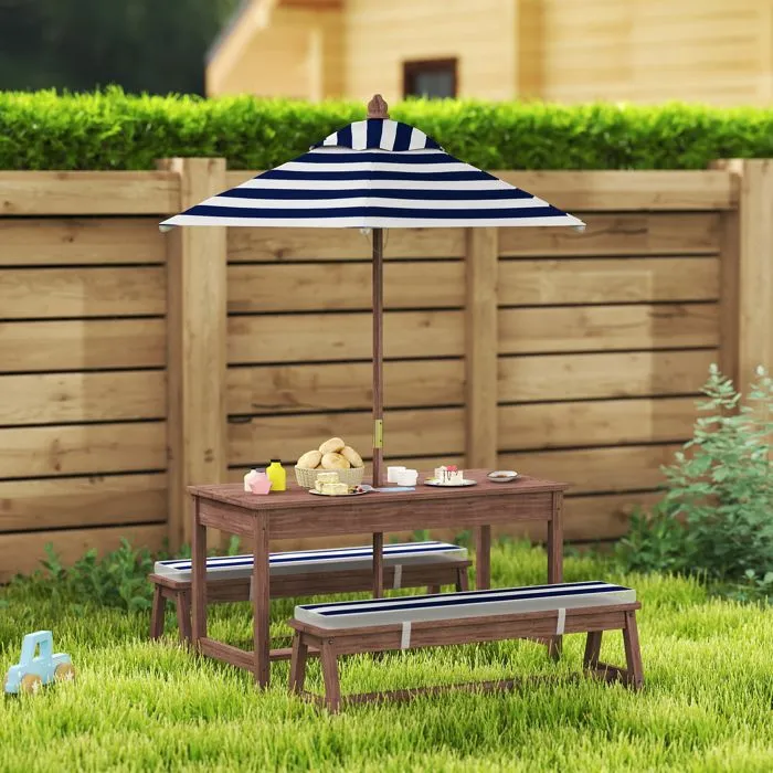 Ensemble salon de jardin extérieur enfant - AIYAPLAY - coussins et parasol amovible - rayé bleu marine et blanc-1