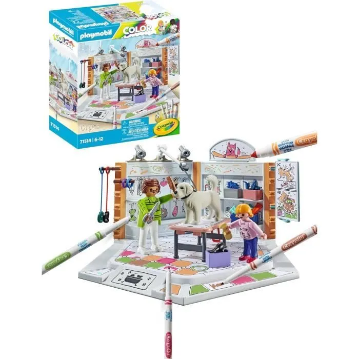 PLAYMOBIL Color 71514 Salon de toilettage, Crayons Crayola pour dessiner sur les personnages, 61 pièces, Dès 5 ans-0