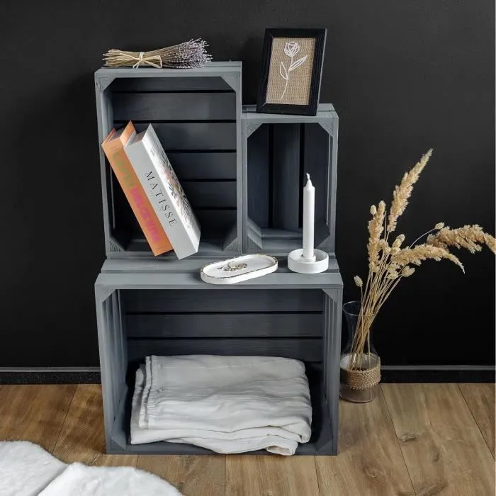 Caisse en bois - CREATIVE DECO - Gris - Vintage - 40 x 30 x 15 cm-2