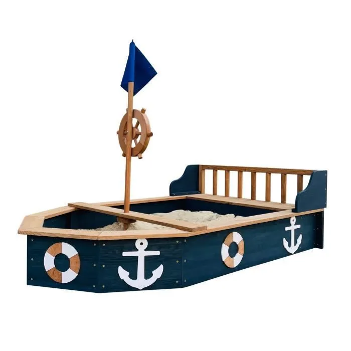 Bac à sable en bois en forme de bateau - AXI Doris - Gouvernail rotatif - Bâche et toile de-0