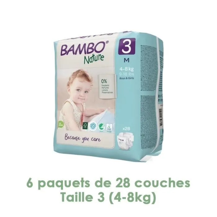 Couches Bambo Nature Midi T3 4/8 kg - 6 paquets de 28 aille 3-0