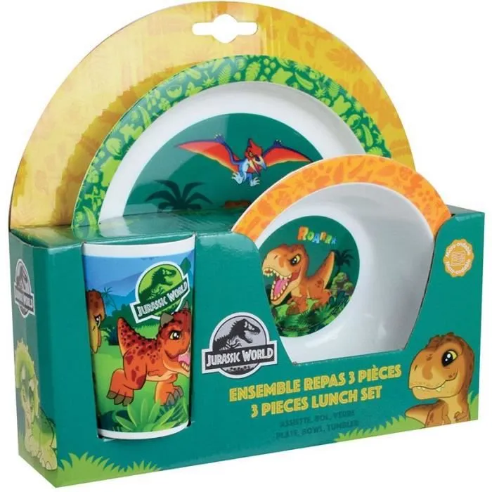 FUN HOUSE Jurassic Ensemble repas dinosaures avec une assiette ø 22 cm, une assiette creuse ø 16 cm et un verre 220 ml - Pour-0