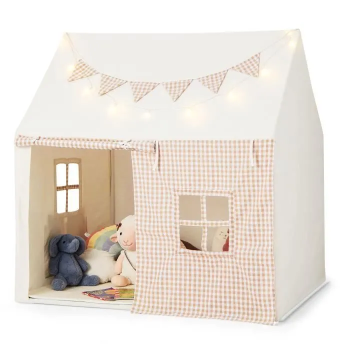 Tente de Jeu Enfants COSTWAY-Tapis Rembourré-Guirlandes Lumineuses Étoiles-Bannière de Fanions-pour 3-8 ans-125 x 100 x 127 cm-Beige-0