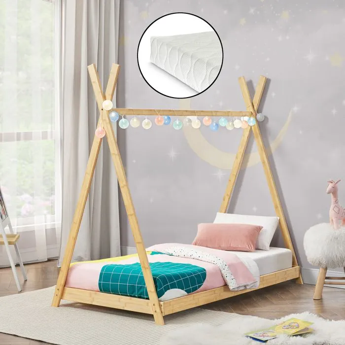 Lit tipi Vimpeli 90 x 200 cm pour enfant avec matelas bambou naturel [en.casa]-0