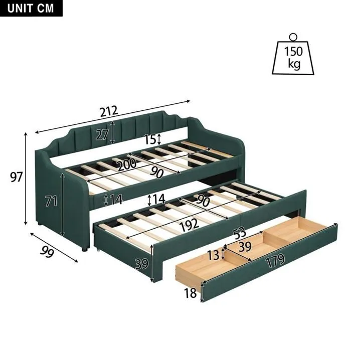 Lit de jour - Moderne - 90 x 200 cm - Vert - Lit gigogne avec tiroirs - 4 places-5
