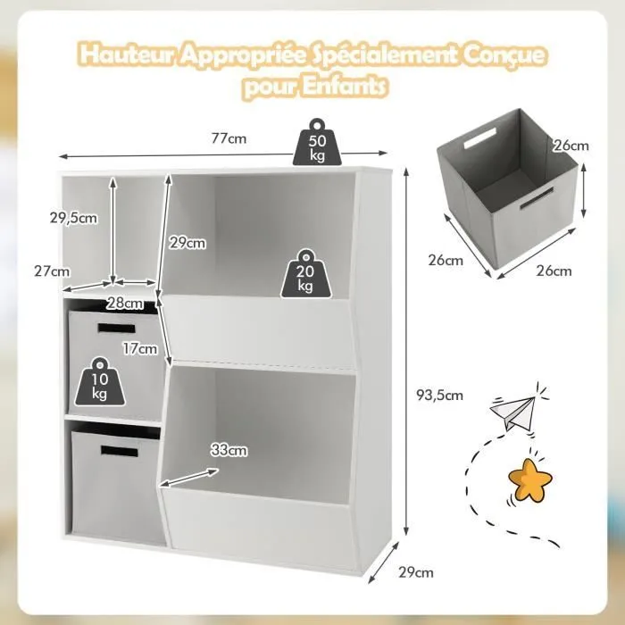 COSTWAY Bibliothèque pour Enfants à 5 Compartiments-2 Bacs en Tissu, 3 Étagère de Rangement Ouverts pour Jouets, 77 x 33 x 93,5 cm-3