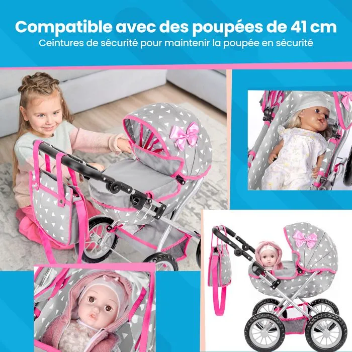 Kinderplay Poussette Poupee, Poussette Jouet - Poussette Landeau Bebe pour Poupée, Gondola, Poignée Hauteur 33 - 63 cm, KP0262S-3