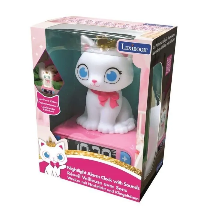 Réveil veilleuse digital LEXIBOOK - Chat - 3D lumineux et sonore - Blanc et rose - Enfant-1