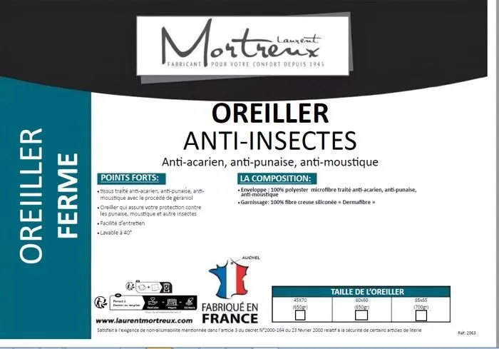 Lot de 2 Oreillers ferme anti insectes - 60 x 60 - 650grs - MORTREUX-1