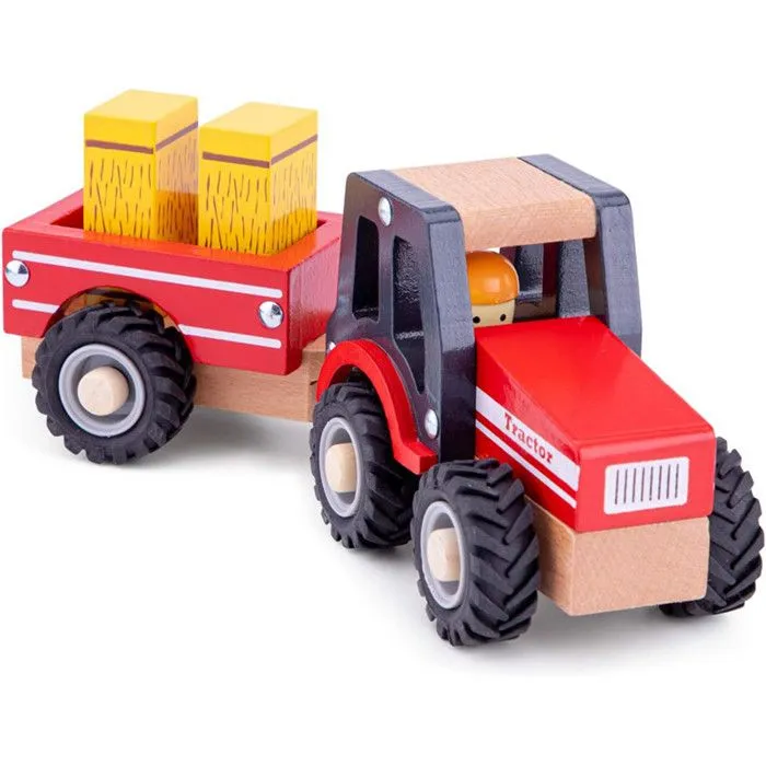 Tracteur en bois avec remorque transport de foin - Jouets par univers - Jeux d'imitation - À la ferme-1
