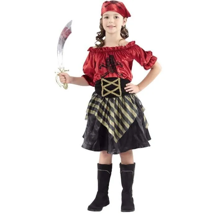 Costume Pirate Fille Rouge - Tailles 4/6, 7/9, 10/12 ans - Haut, Jupe, Ceinture, Bandana inclus-0