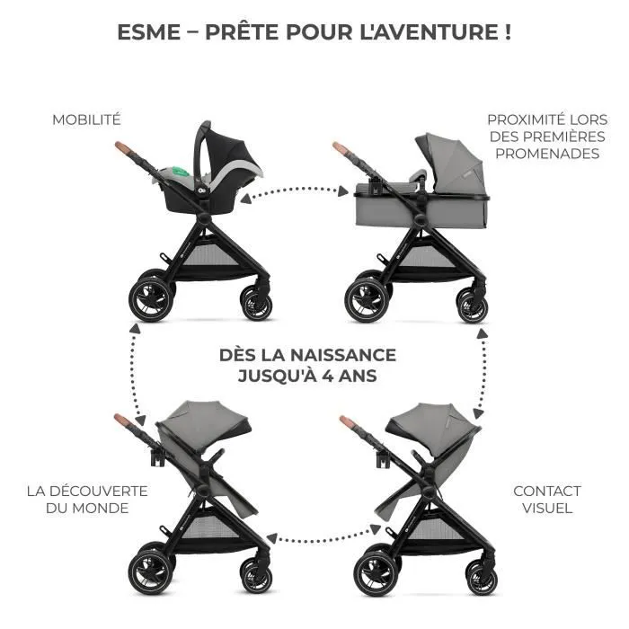Kinderkraft ESME Poussette 3 en 1, Système de voyage pour nouveau-né jusqu'à 4 ans, Siège auto Mink PRO I-Size, Gris-1