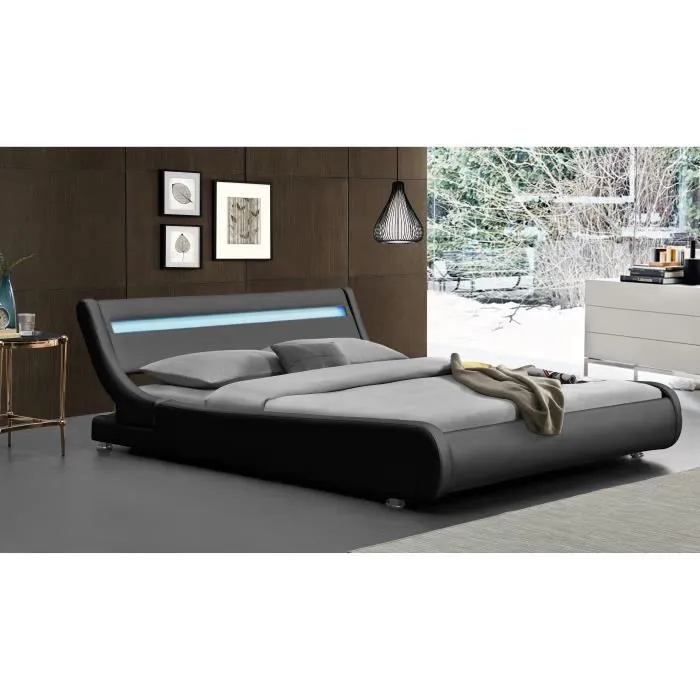 Lit - NOIR - 120x190 - Sommier inclus - Tête de lit LED - Design contemporain-1
