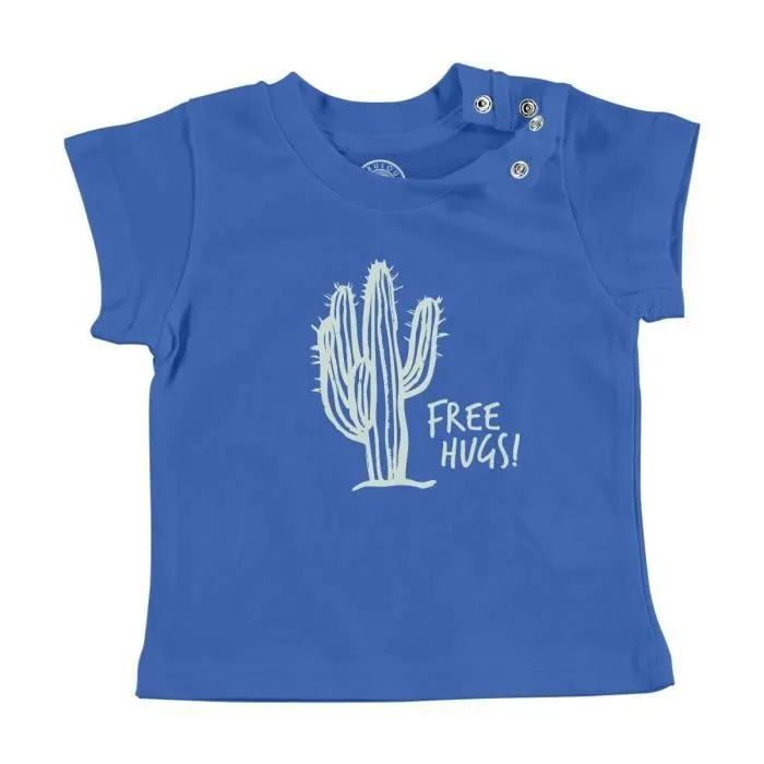 T-shirt Bébé Manche Courte Bleu Cactus Free Hugs - Plante Humour Dessin-0