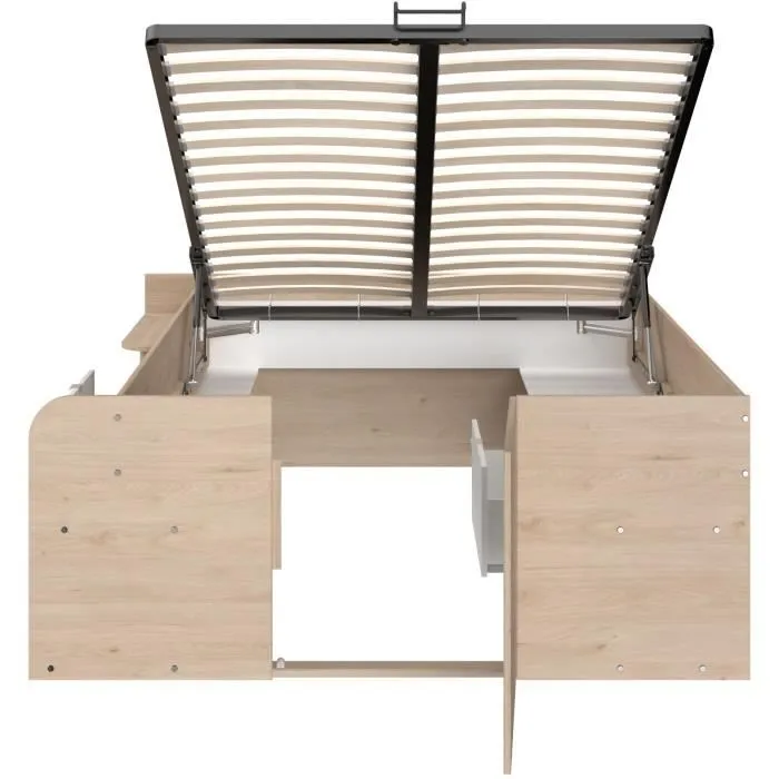 ODYSSEE Lit coffre adulte - 140x190/200 cm - Avec coffre relevable - Décor chêne et Blanc - 168,3x66,5x209,5 cm-8