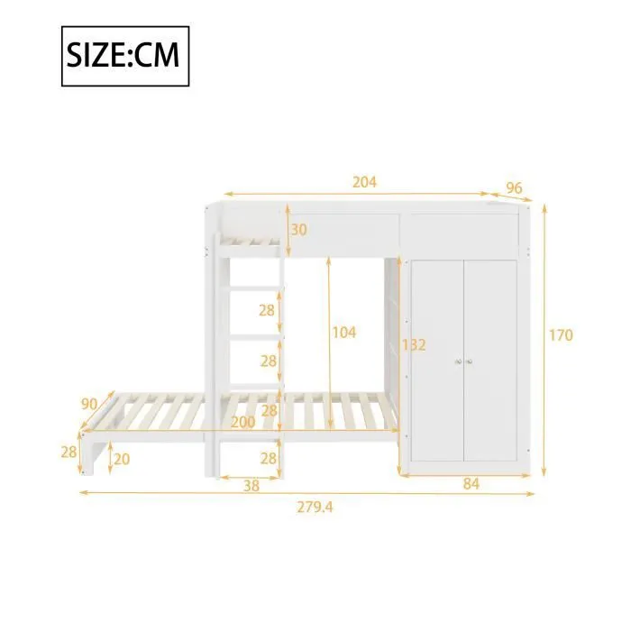 Lit superposé - Enfant - 90x200 cm - Blanc - Armoire intégrée - Escaliers de sécurité-3
